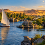AI-generated illustration of a felucca sailing among Nile islands near Aswan