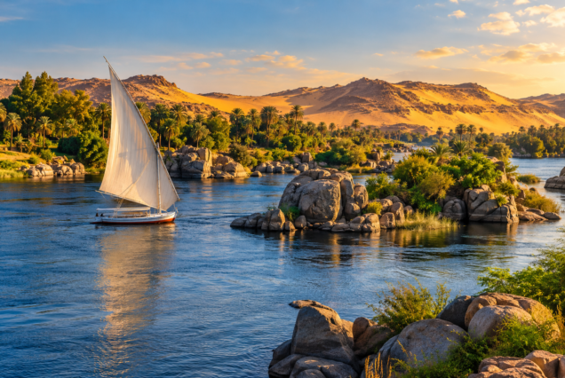 AI-generated illustration of a felucca sailing among Nile islands near Aswan