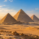 AI-generated illustration of the pyramids at Giza in golden light
