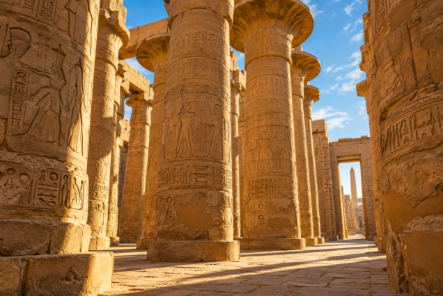 AI-generated travel illustration of monumental Egyptian temple columns in Luxor