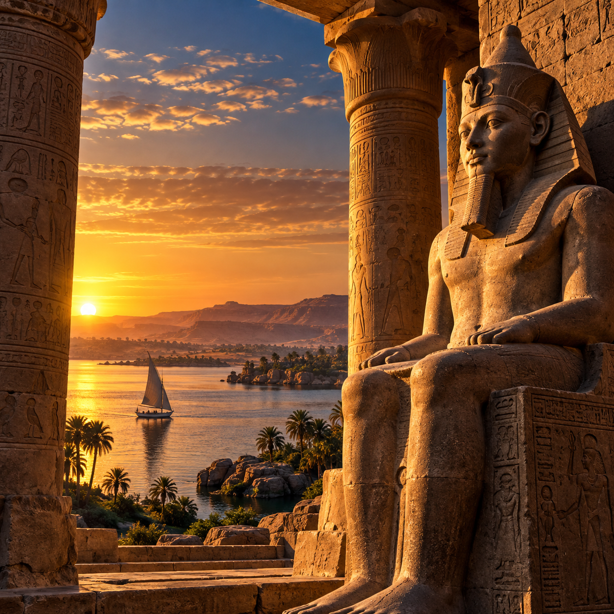 Camels overlooking the pyramids of Giza at sunset